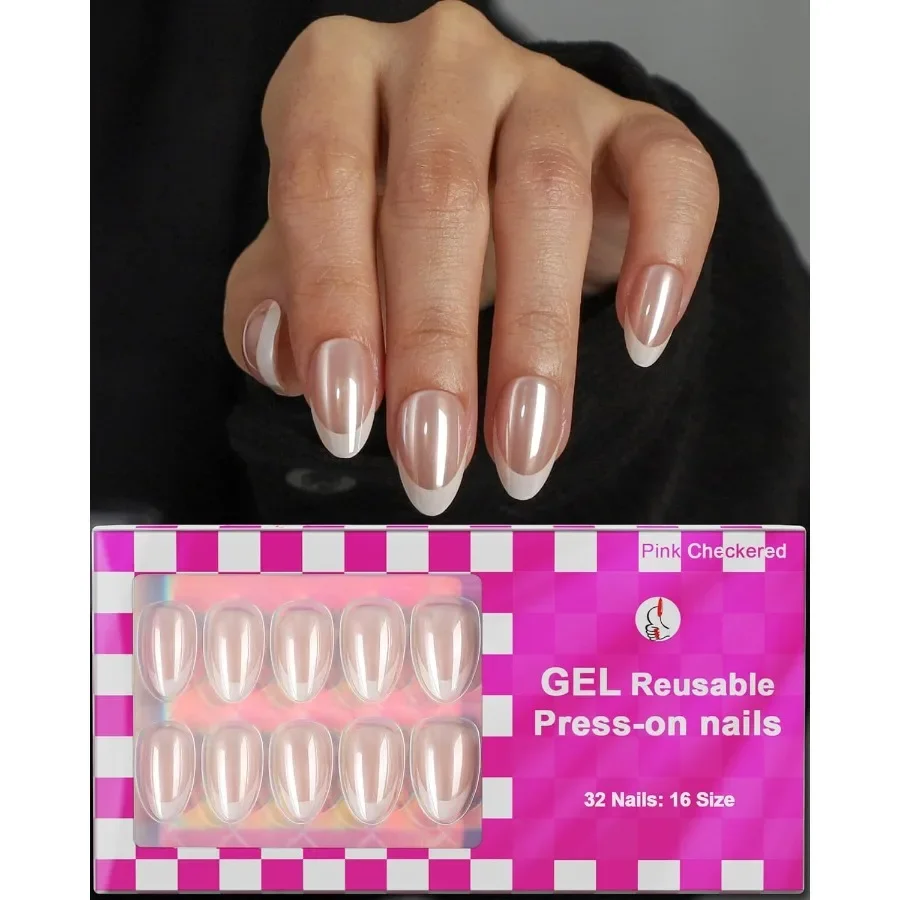 

16 Sizes Chrome Short Almond Press On Nails with Glue and Jelly Stickers for Daily Wear Reusable Glossy Gel Fake Nails Set with