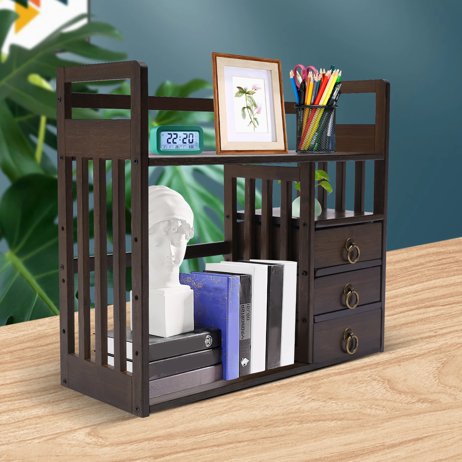 رف كتب لسطح المكتب من الخيزران، منظم للأدراج مكون من 3 طبقات، تصميم قديم، قدرة تحمل قوية