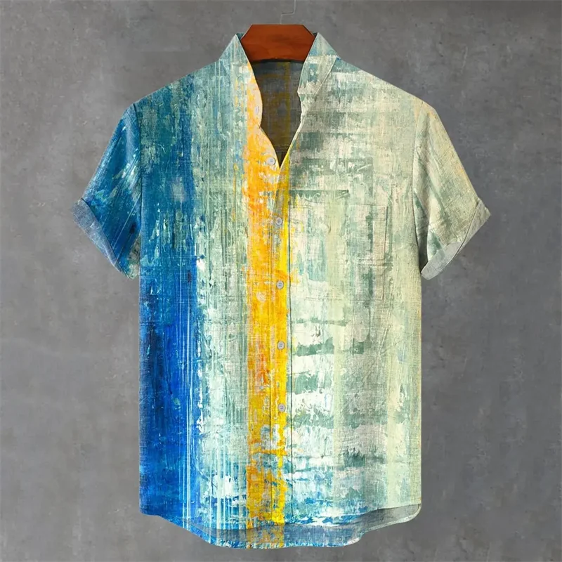Men's new comfortable linen short sleeved shirt 3D wave print checkered pattern button short sleeved top