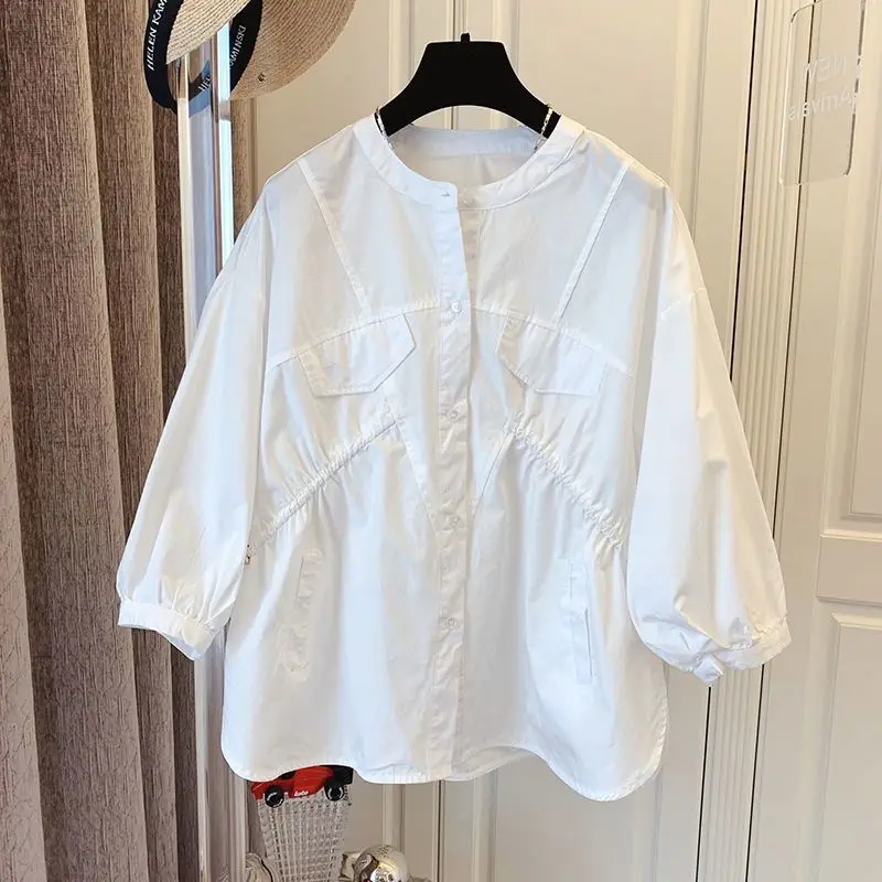 Camisa informal de manga corta con cordón y volantes de algodón estilo francés para mujer, corte holgado