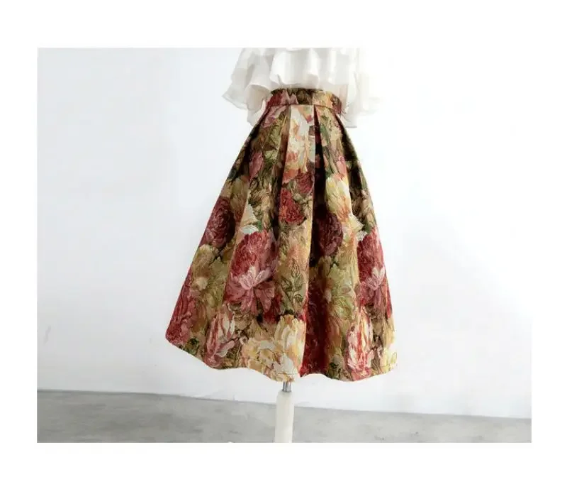 Französisch Malerei Floral Elegante Chic Hohe Taille Ballkleid Lose frauen Rock Knielangen Lange Röcke Für Frauen Kleidung mode – Detail 7