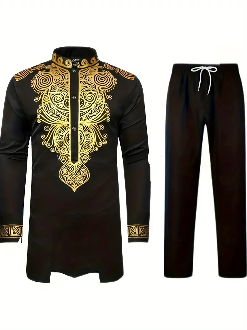 African Long-Sleeved Shirt For Men - Metal Gold Printed Chinese Collar Shirt Traditional National Festival Wedding Two-Piece Set