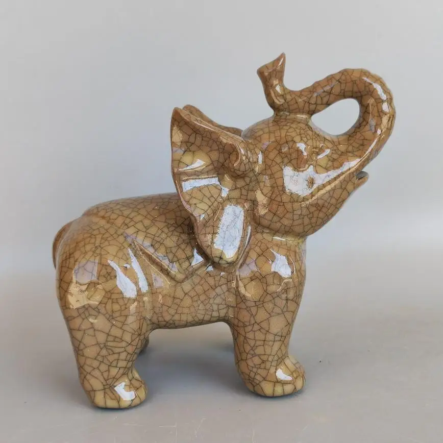 Ge Kiln Crackle Glaze Elephant Porcelain Statue Chinese Antique Auspicious Feng Shui Ceramic Figurine