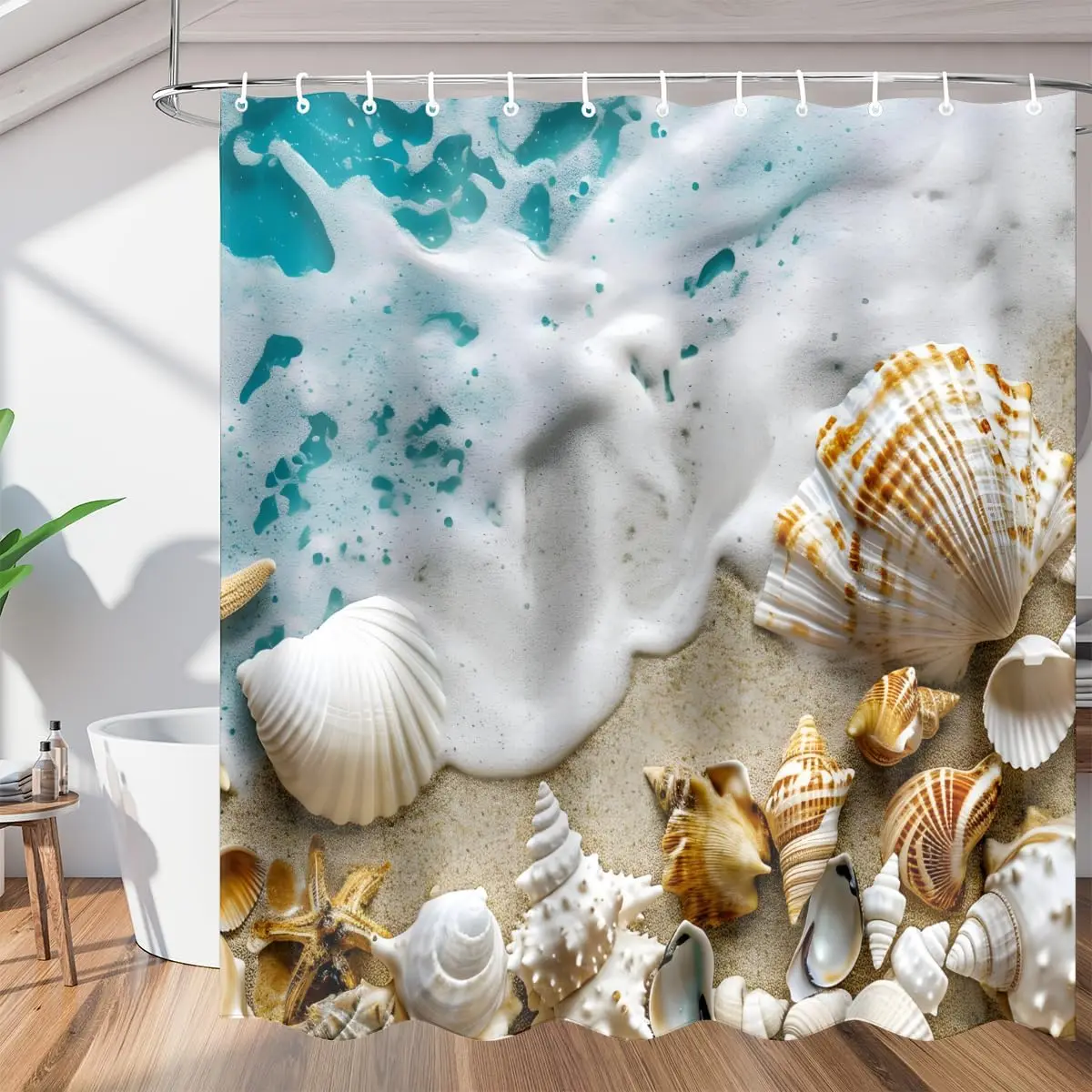 Beach Sea Waves Shell Starfish Shower Curtains 72x72 inch Snowman Xmas Tree Bathroom Shower Curtain Set with 12 Hooks, Polyester