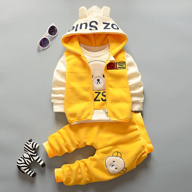 Children's Autumn and Winter Set - Boys and Girls Cartoon Bear Plush Warm Coat+Hooded Tank Top+Pants 3-piece Preschool Set