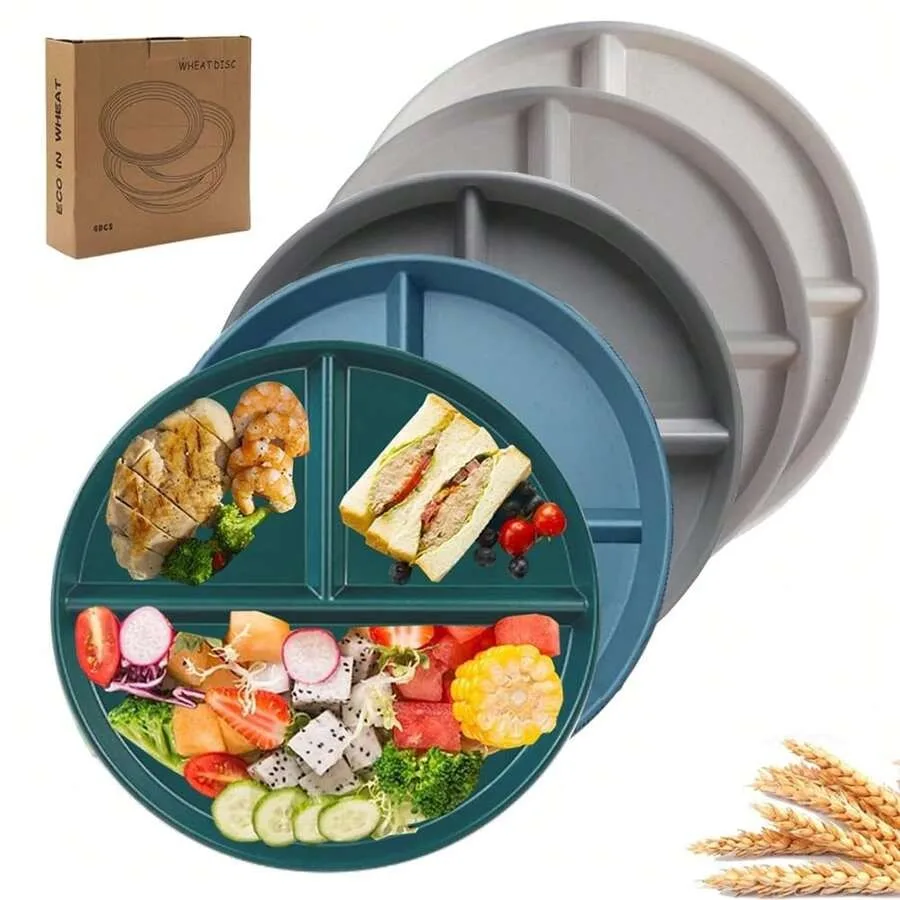 

Unbreakable Divided Plates Set Of 5, Wheat Straw Plate Reusable Dinnerware Portion Control Plate, Round Bariatric Plastic Plate