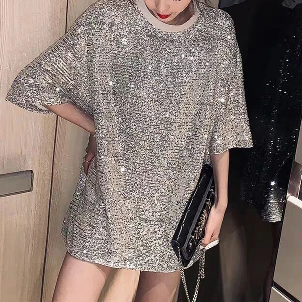 Stylish Women Ladies Glossy Sequin Casual T-Shirts O-neck Five-Point Sleeve Loose Oversize T-Shirt Female Tops Streetwear