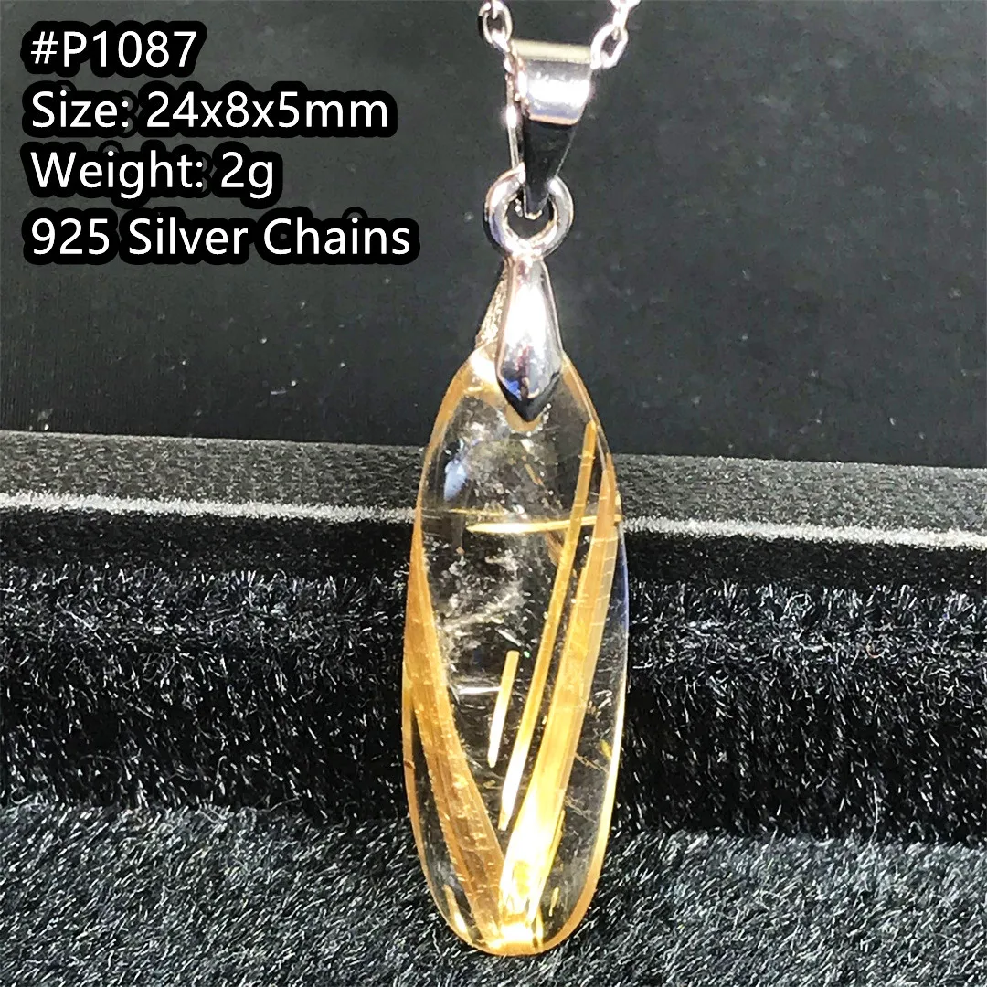 Natural Gold Rutilated Quartz 925 Silver Chain Pendant For Women Men Reiki Luck Gift Crystal Beads Royal Gemstone Jewelry AAAAA