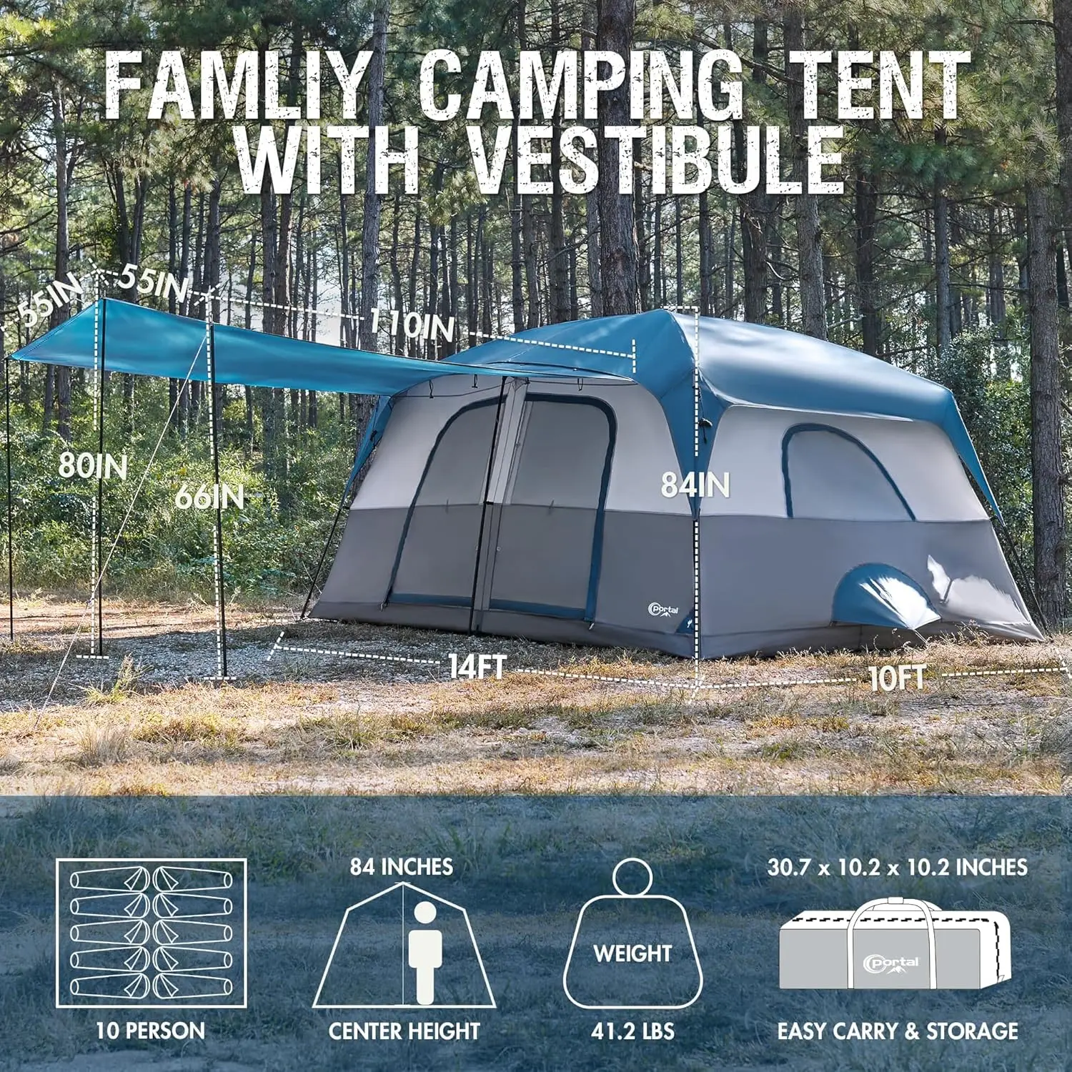 10 Person Camping Tent with Porch, Big Family Cabin Tent with 2 Rooms, 2 Doors, 2 Ground Vents, 6 Large Mesh Windows, Divided Cu