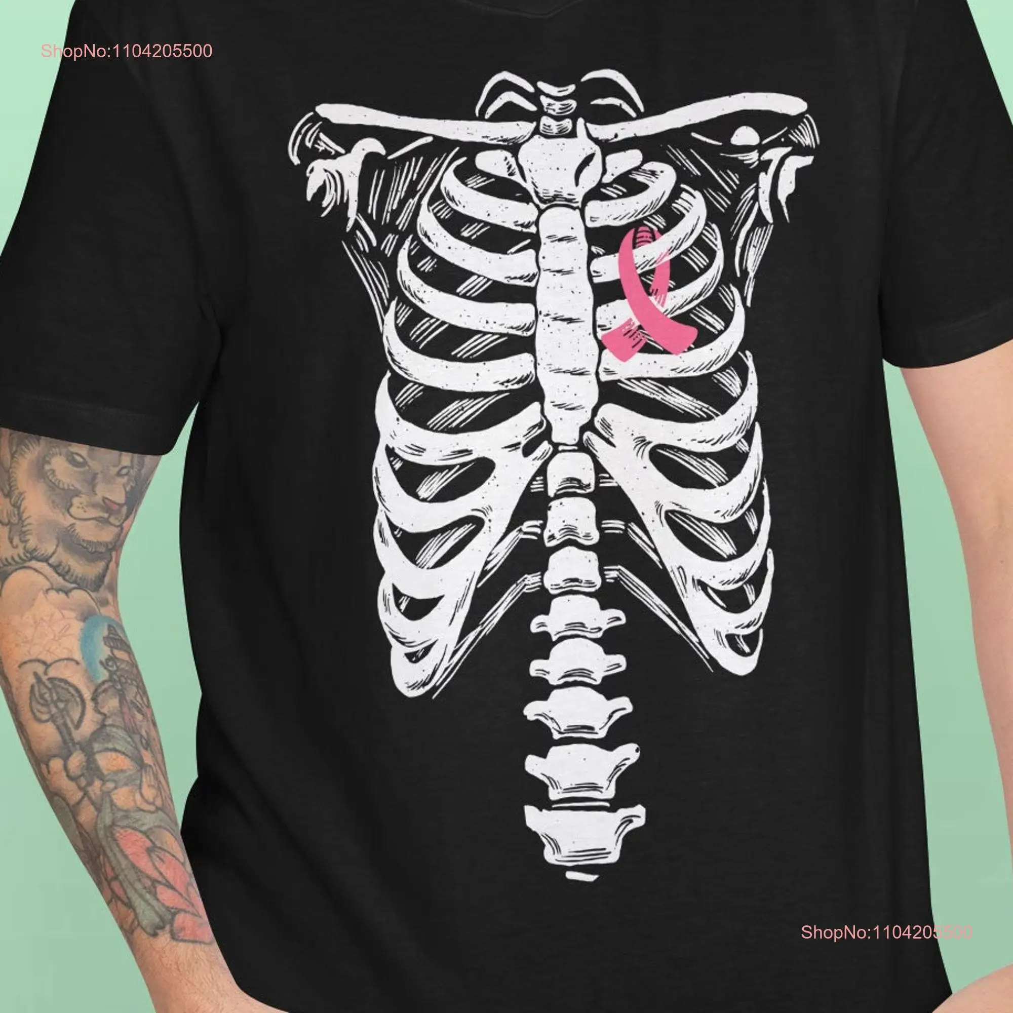 In October We Wear Pink T Shirt Breast Cancer Awareness Funny Halloween Skeleton Ribcage long or short sleeves