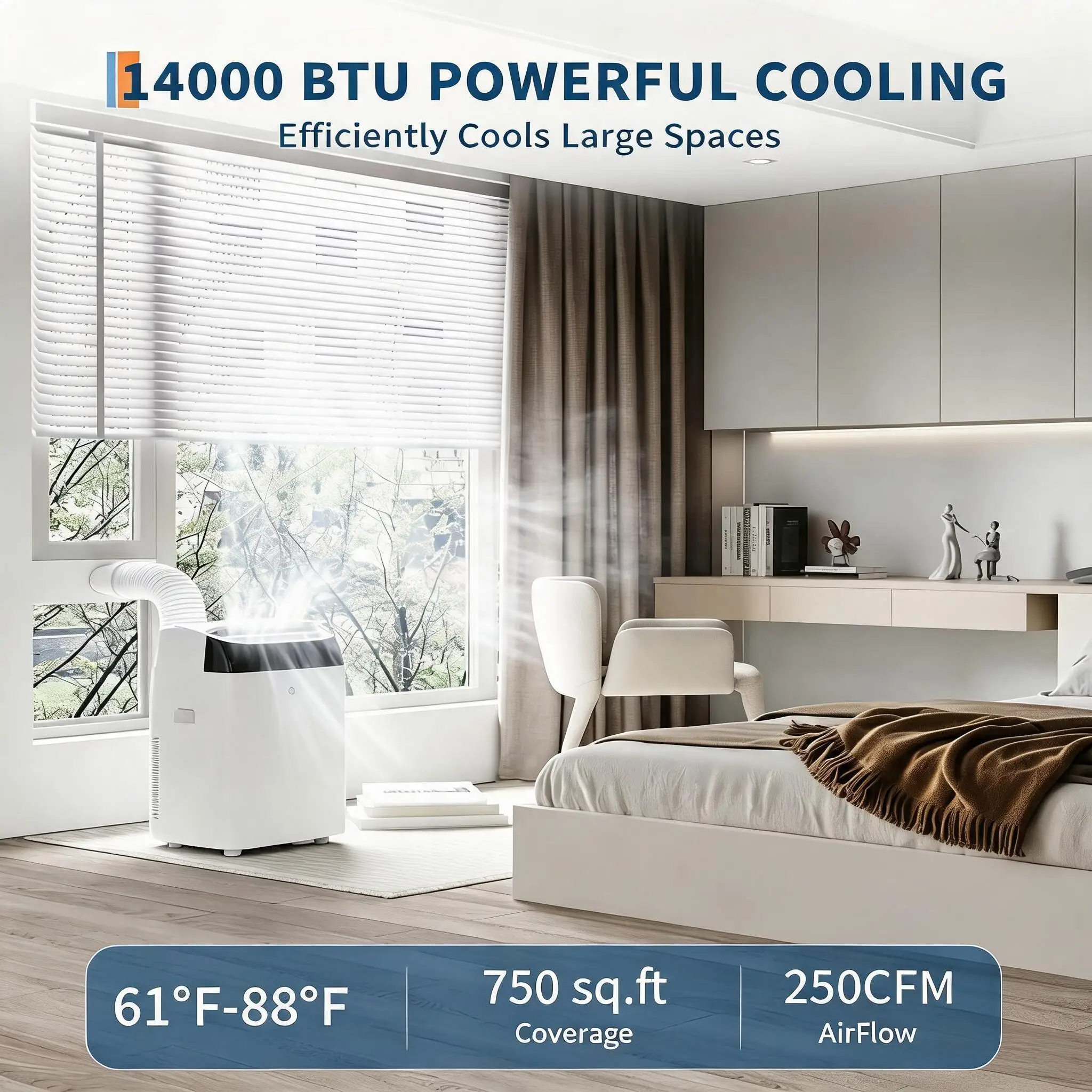 

14,000 BTU Portable Air Conditioners, 4 in-1 Free Standing Cooling AC Unit with Fan & Dehumidifier, Quiet Air Condicionado Cooling Up to 750 Sq.Ft, with Remote Control & 24H Timer Function