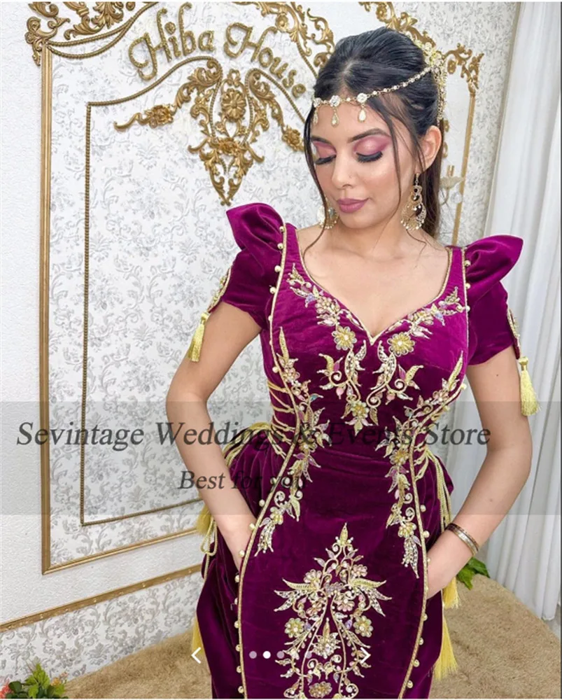 Sevintage Customized Purple Velvet Karakou Algerian Mermaid Evening Dresses V-Neck Lace Appliques Muslim Formal Prom Gowns