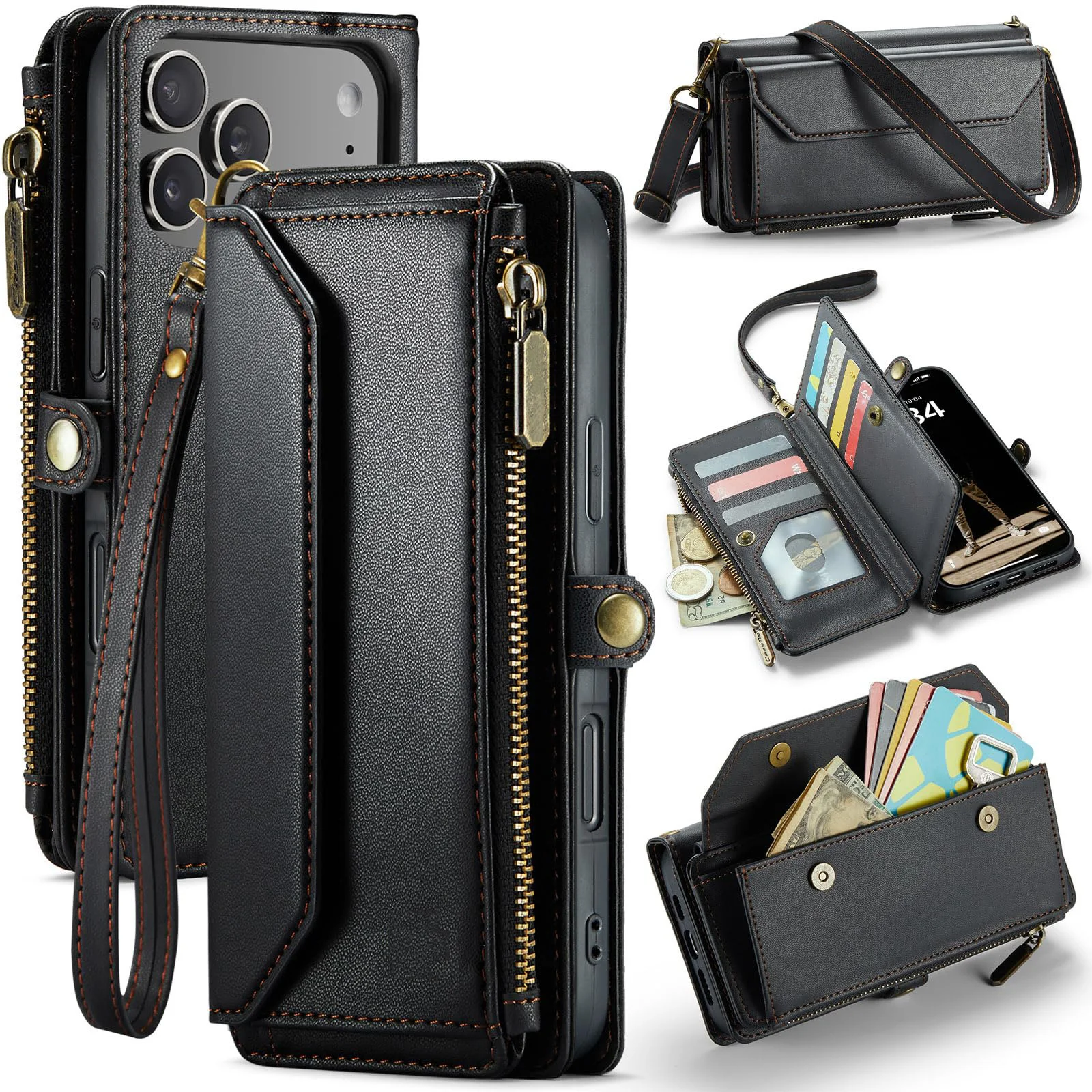 

For iPhone 17 Pro Max/17 Pro/17 Air/17 Magnetic Wallet Case RFID Blocking Zipper Pocket Card Holder PU Leather Detachable