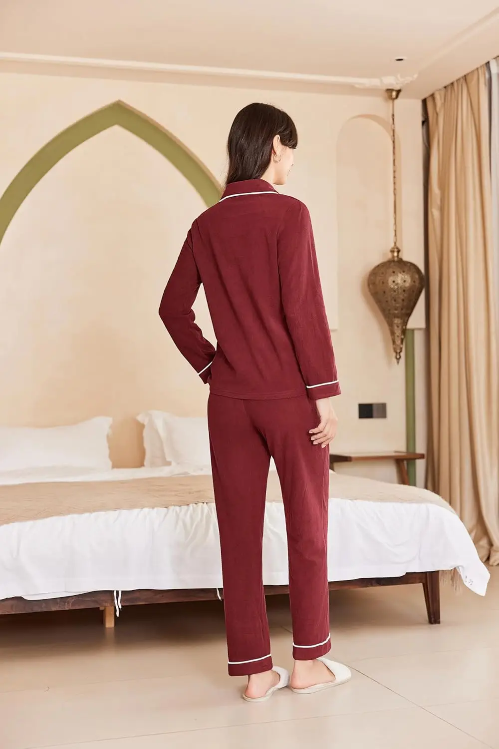 ชุดนอนผ้าฟลีซสำหรับผู้หญิง Ekouaer แขนยาว ติดกระดุม ชุดนอนสองชิ้น ชุดลำลองเนื้อนุ่ม