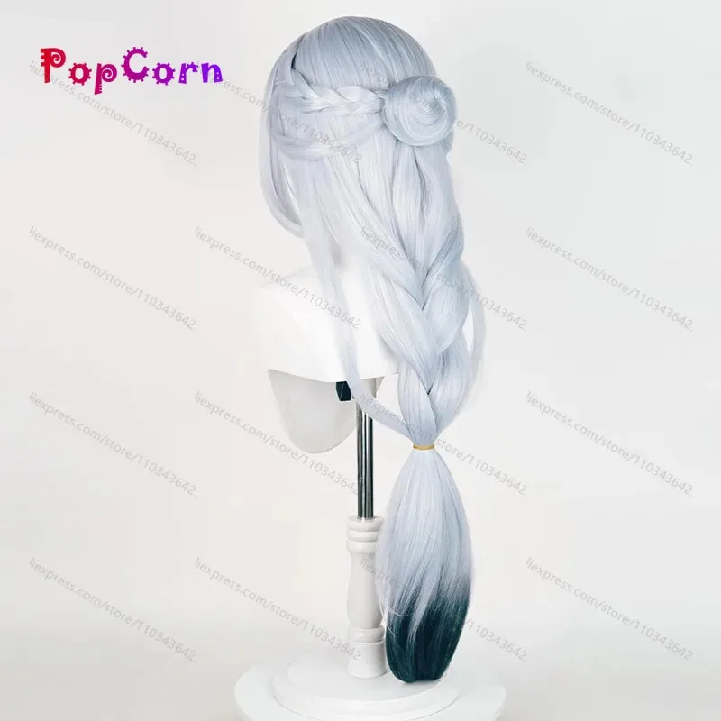 2025 فانوس طقوس ShenHe Frostflower الندى 100 سنتيمتر طويل الفضة الأزرق التدرج شعر مستعار تأثيري أنيمي مقاومة للحرارة الاصطناعية