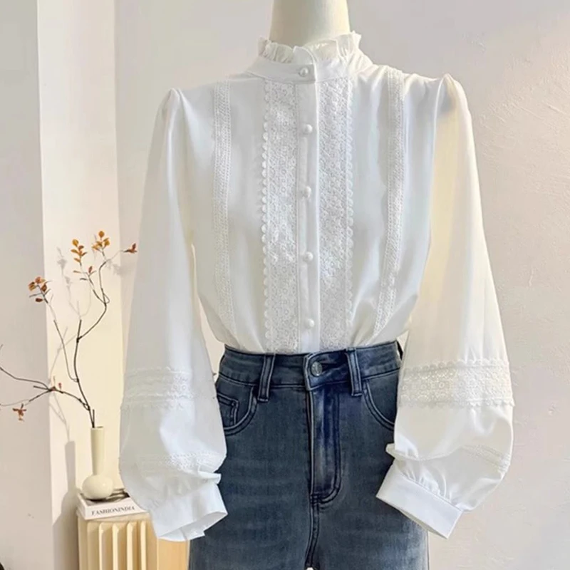 

Lace Panel Pacthwork White Blouse Women Ruffle Collar Long Sleeve Elegant Shirt Lolita Single Row Buttons Jk Fashion Casual Tops