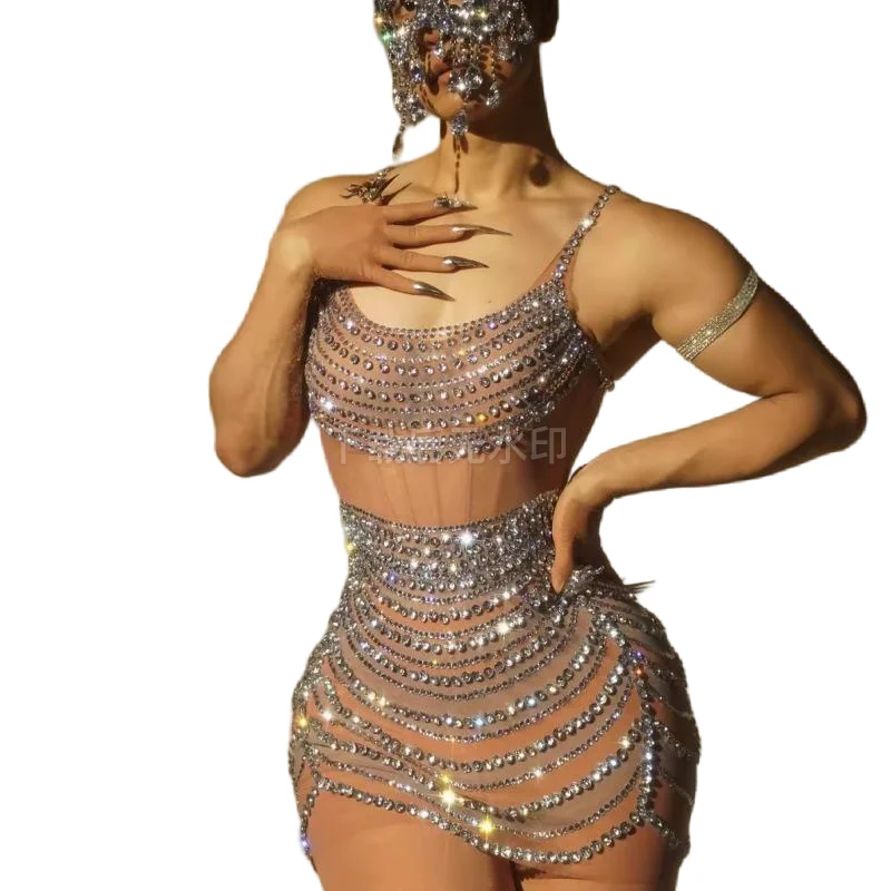New Model Glamorous Rhinestone Mesh Dress for Birthday Party & Stage Performance with Sexy Sleeveless Hip Wrap Nightclub Outfit