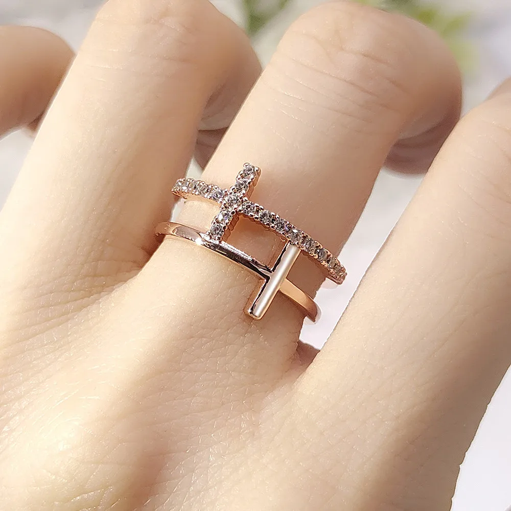 Personality Cross Thin Rings For Women Korean Fashion Micro Pave Crystal CZ Thumb Ring Jewelry Wedding Accessories Gift R715