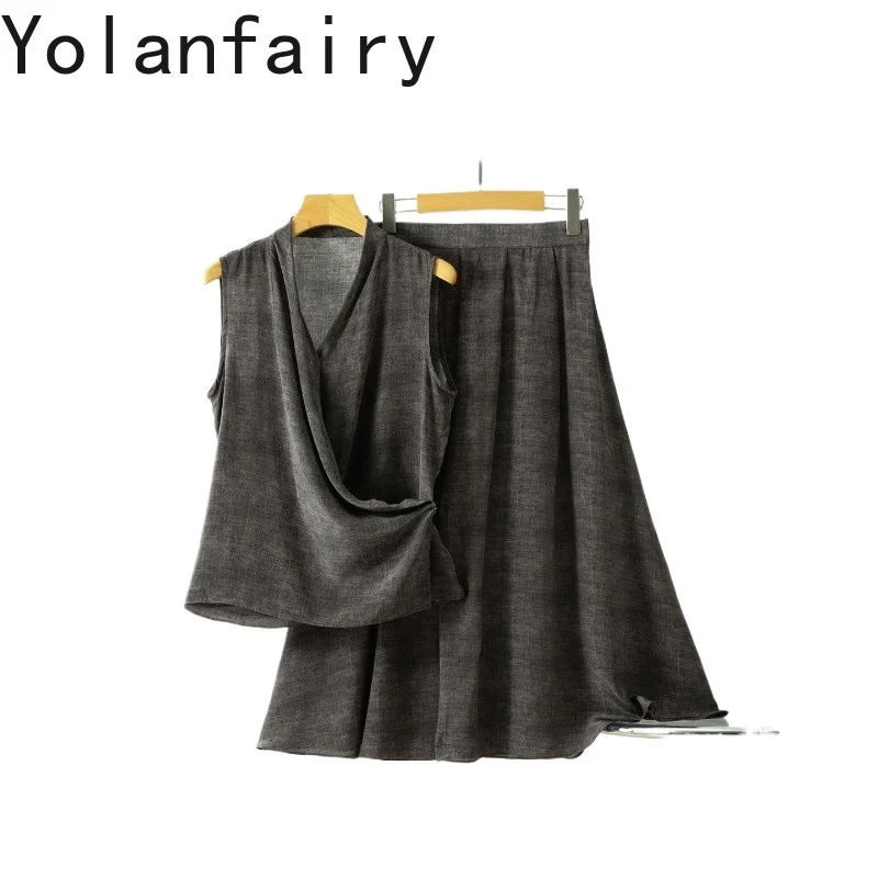 YOLANFAIRY 100% Real Mulberry Silk Skirts for Women Summer V-neck Top Sleeveless Elegant Shirt 2 Piece Set Woman Skirt Shirts
