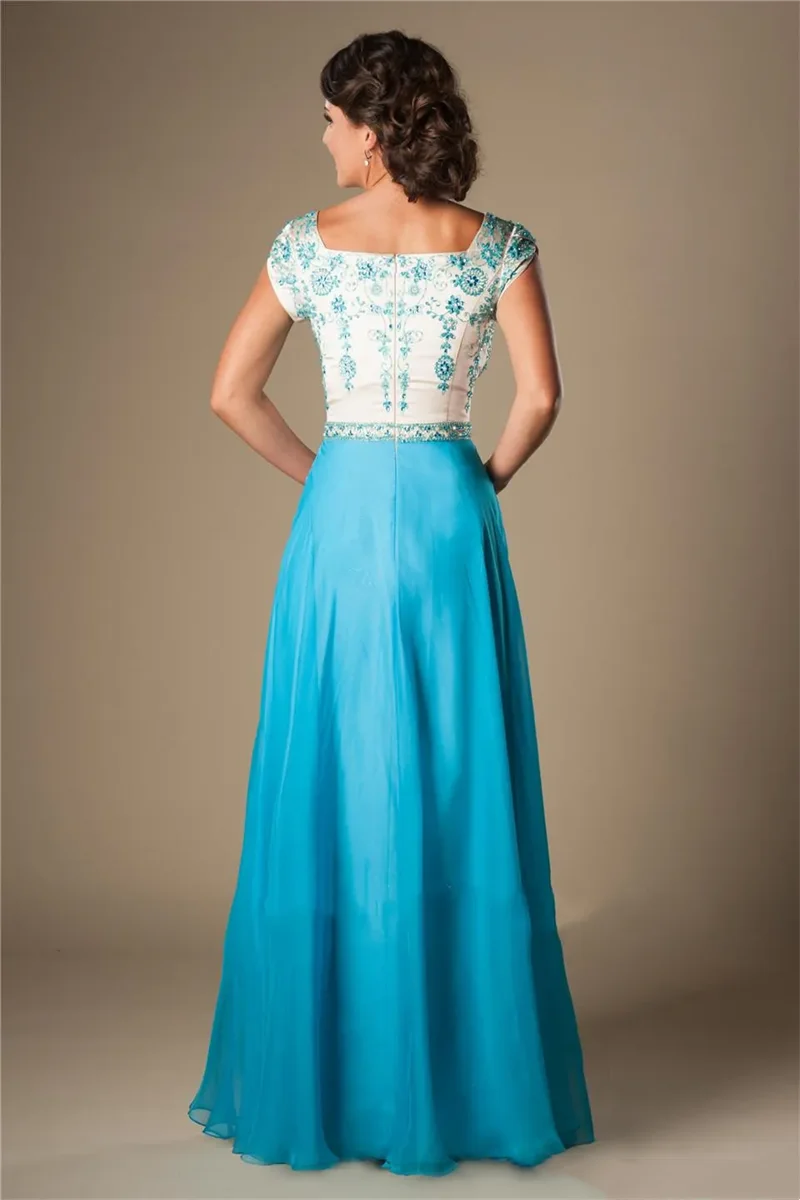 Blue Embroidery Chiffon Long Modest Prom Dresses With Cap Sleeves Beaded A-line Summer High School Formal Party Dresses