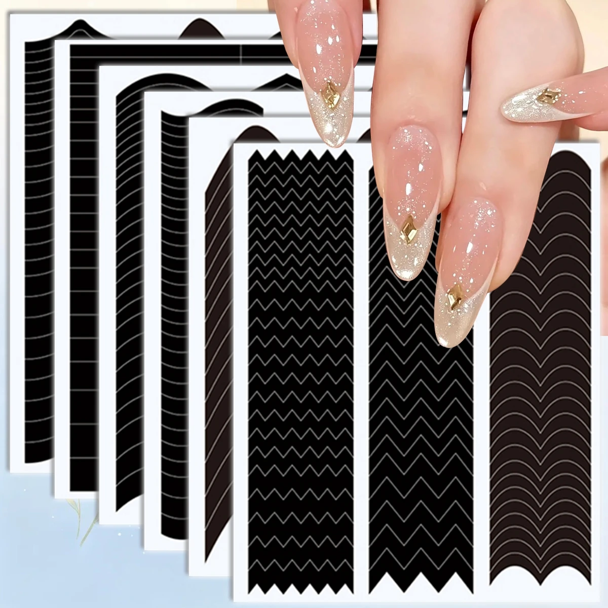 3 to 12 Sheets French Tip Nail Stencils Guide Stickers Chevron Curve Line Nail Art Templates Self-Adhesive Nail Stickers