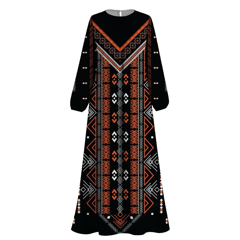 Muslim Abayas Women Dubai Luxury 2024 Femme Long Sleeve Vintage ethnic Print O-Neck Robe Islamic Dress Marocain Femme Kaftan