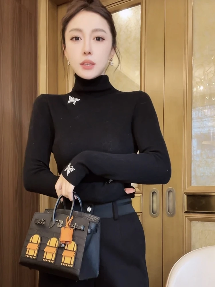 

Tian Jiao Baby Winter High Collar Rhinestone Sweater Women's Base Layer ential Soft Wool Knitted Top