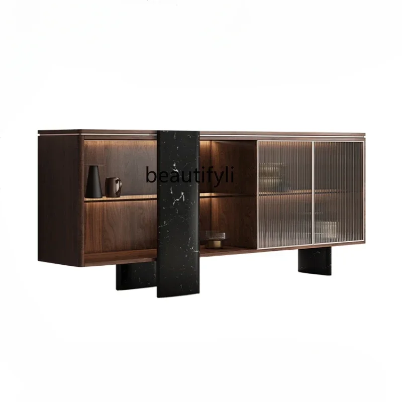 

lt Italian minimalist black walnut side cabinet light luxury high-end door cabinet living room against the wall storage