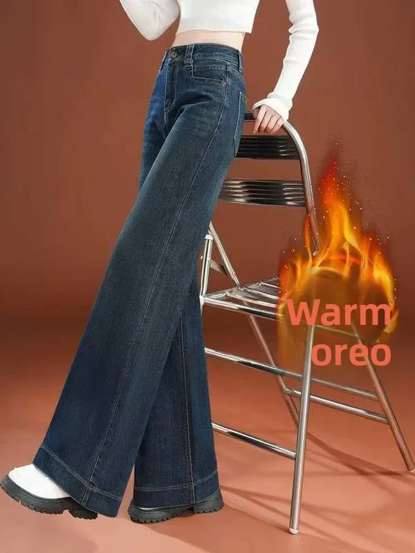 

Fleece Lined Casual Jeans High Waist Vintage Style Pocket Detail Medium Softness Wear Resistant Loose Fit Autumn Winter Long ...