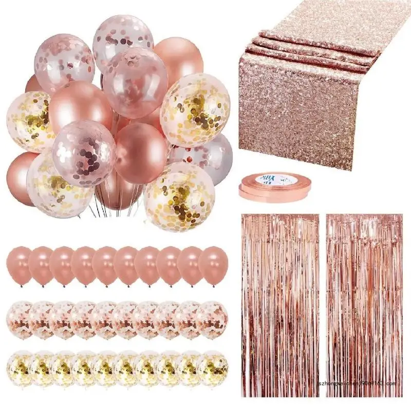 

28GF Sequin Table Runner Foil Curtain Ribbon Rose Gold Balloons Party Decor