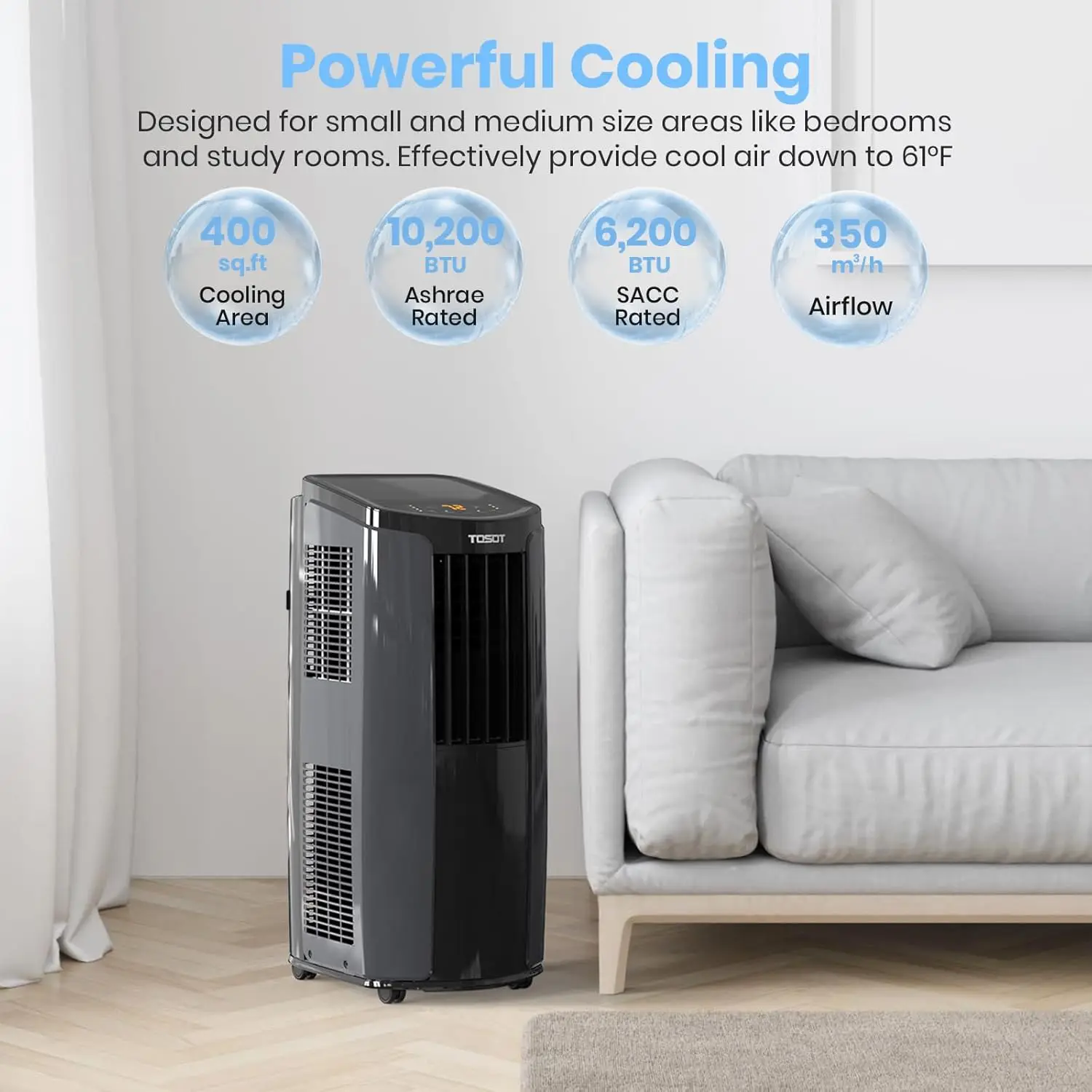 Aire acondicionado portátil 10,200BTU (6,200 BTU SACC), control Wifi inteligente, unidad de CA con deshumidificador, ventilador, kit de ventana para una fácil