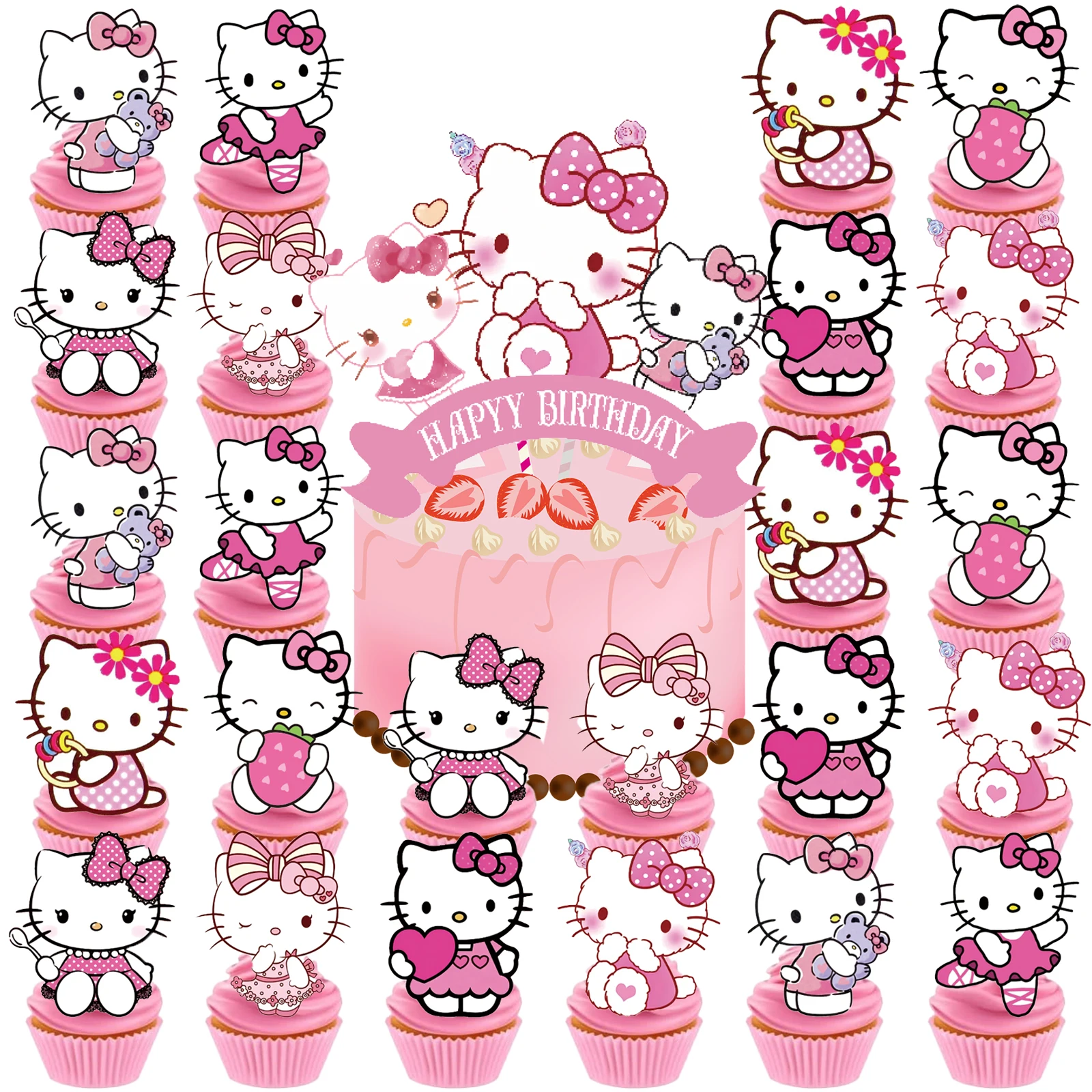 Hello Kitty Cake Topper、Cupcake Toppers ，Hello Kitty  Birthday Decoration Theme Party Supplies,Birthday Cake Decorations