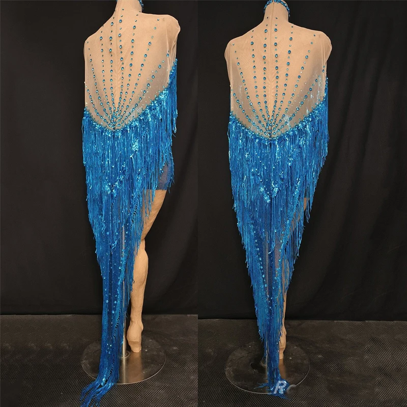 Azul completo franjas strass vestido feminino lantejoulas vestido de festa bar dj ds celebrar roupa palco trajes jazz club wear xs10788