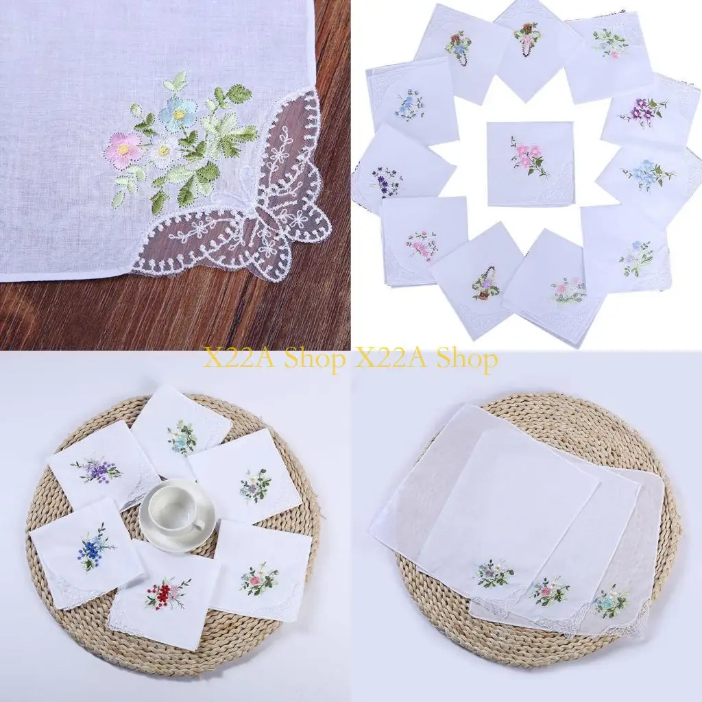 

Unique 5Pcs/Set 11x11 Inch Womens Cotton Square Handkerchiefs Floral Embroidered with for Butterfly Lace Corner Pastoral