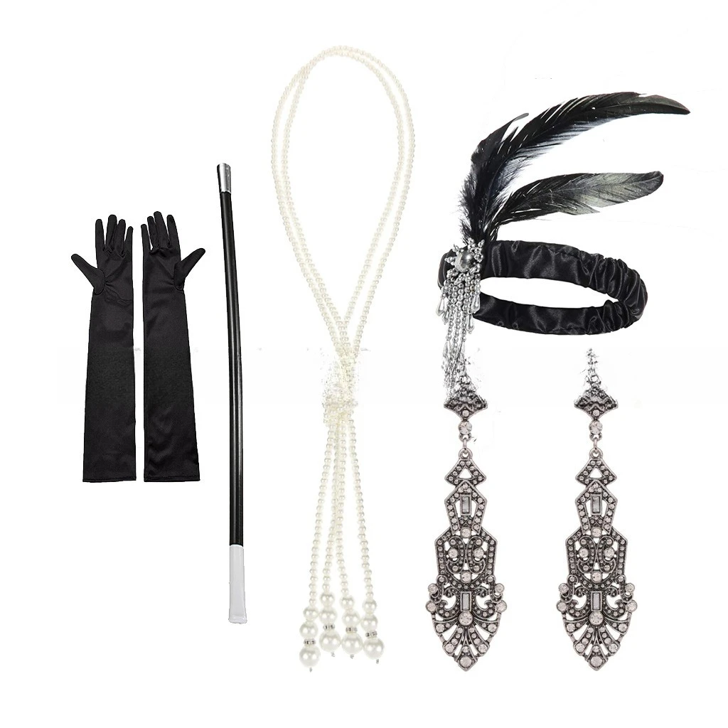 مجموعة إكسسوارات الحفلات العتيقة - أقراط حامل سيجارة على شكل ريشة وعصابة رأس من الريش الأسود ومجموعة مجوهرات أزياء مستوحاة من غاتسبي