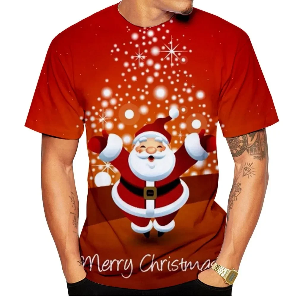 3D Santa Claus Print Men's T Shirt Cartoon Christmas Elk Pattern Short Sleeve Tops Casual Loose Tees Fashion X'mas Clothing