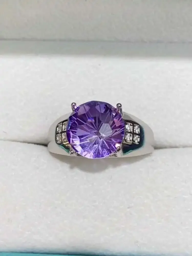 925 Silver Gemstone Ring for Daily Wear 11mm 5ct Brilliant Natural Amethyst Ring 3 Layers 18K Gold Plated Amethyst Jewelry