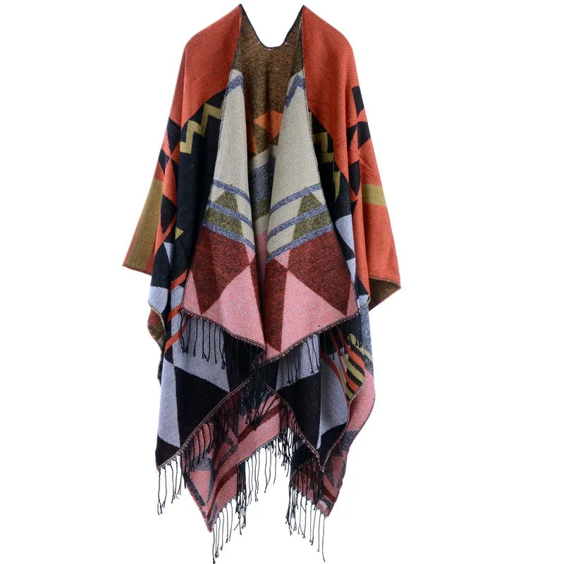 Poncho Bohemian Geometric Tassel Split Shawl Cape Travel Scarf Double-sided Cloak Imitation Cashmere Women Coat Orange