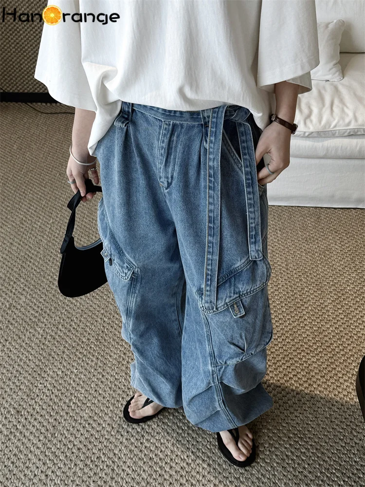 HanOrange 2026 Spring/Summer Retro Deconstructed Split Multi Pocket Cago Jeans Women Wide Leg Denim Pants Blue