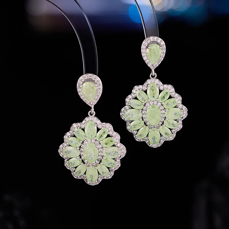 

green pink blue zirconia earrings round flower pendant luxury jewelry women dinner party daily wear earrings