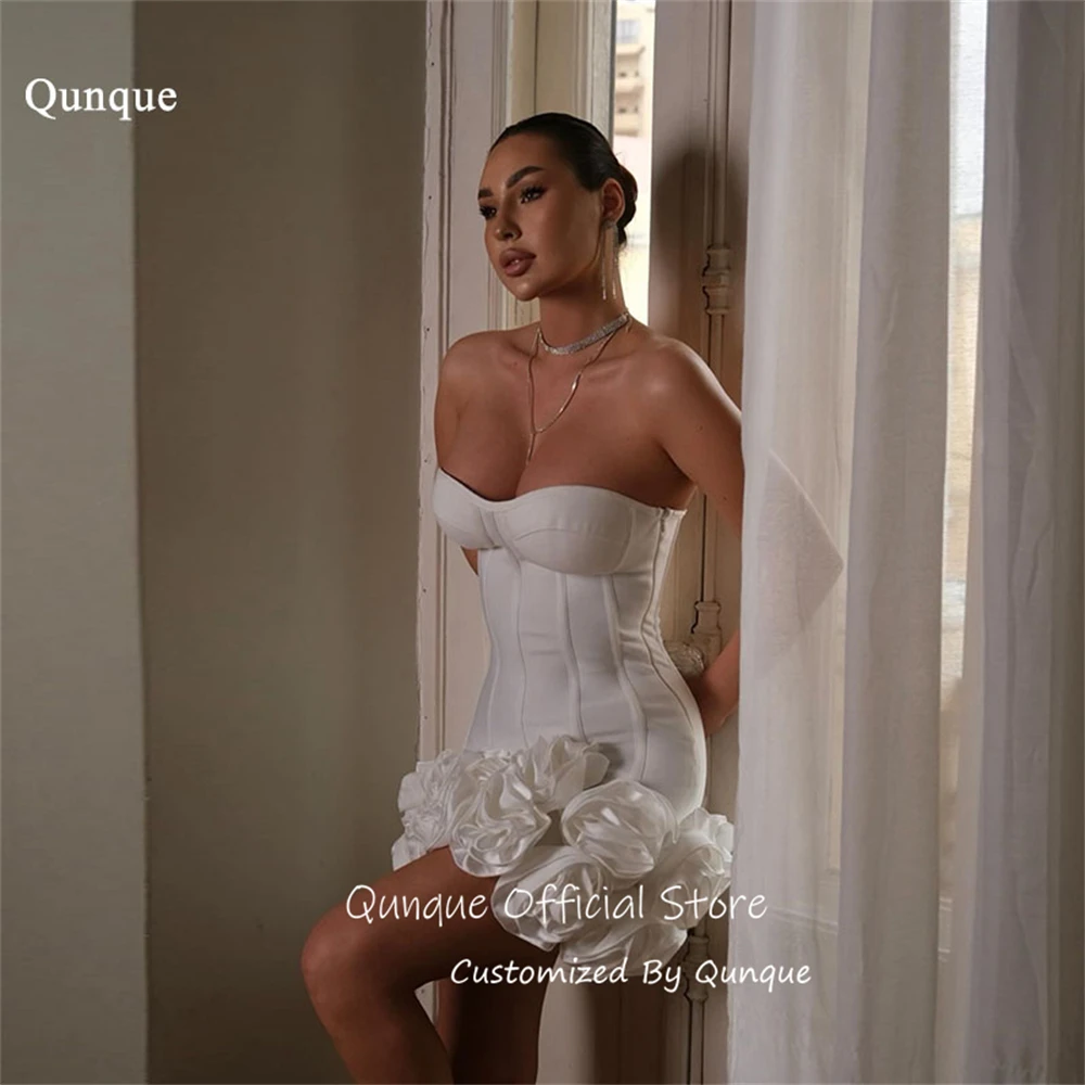 

Qunque 3D Floral Ruffled Hem Prom Dresses Short Bodycon Homecoming Dresses Satin Lace Up Back Cocktail Party Gowns Customized