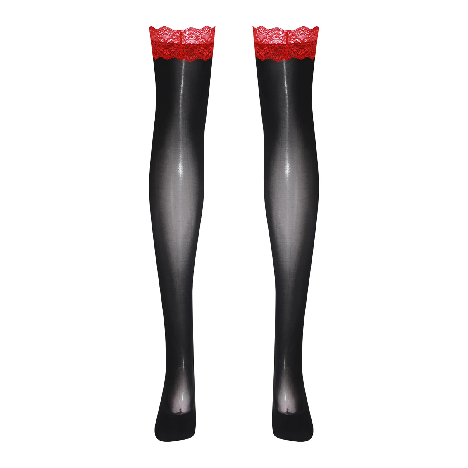 Womens Glossy Stockings with Lace Trim Cute Bow Thigh-high Stretchy Socks Miniskirts Shorts Accessory Female Elastic Stockings