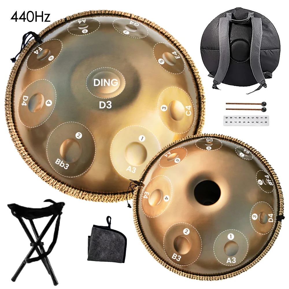 432Hz/440Hz ゴールドハンドパンドラム スチールタング付き ヨガ、瞑想
