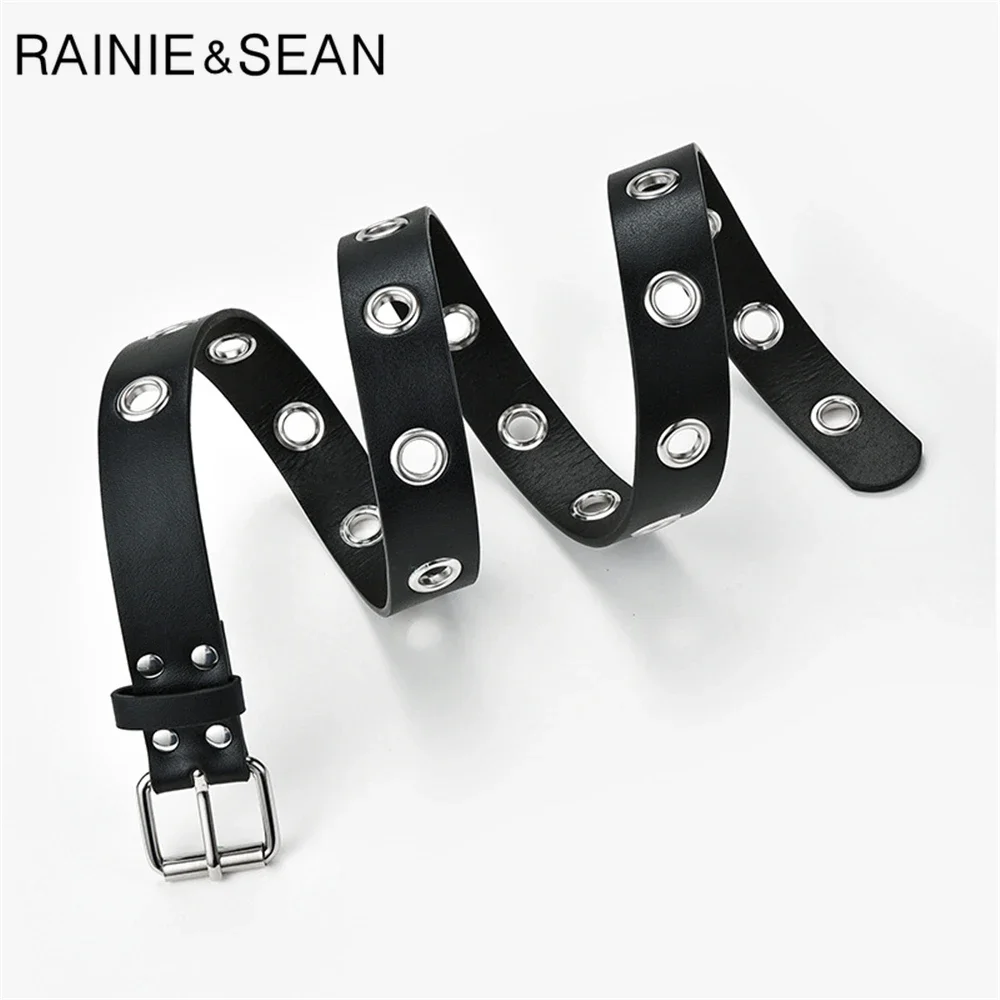 RAINIE SEAN Punk Women Belt with Hole Rock Punk Belts for Women Pin Buckle Black White Pu Leather Ladies Waist Belt 110cm Hollow