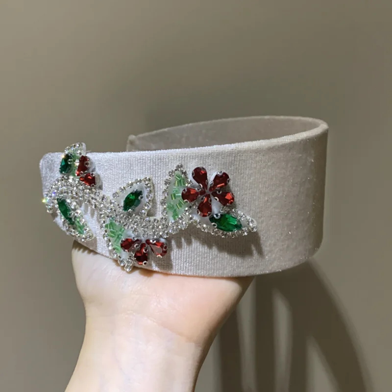 French Red Green Contrasting Rhinestone Flower Headband for Women 6cm Gold Velvet Wide Edge Hairbands Headdress Hair Jewelry