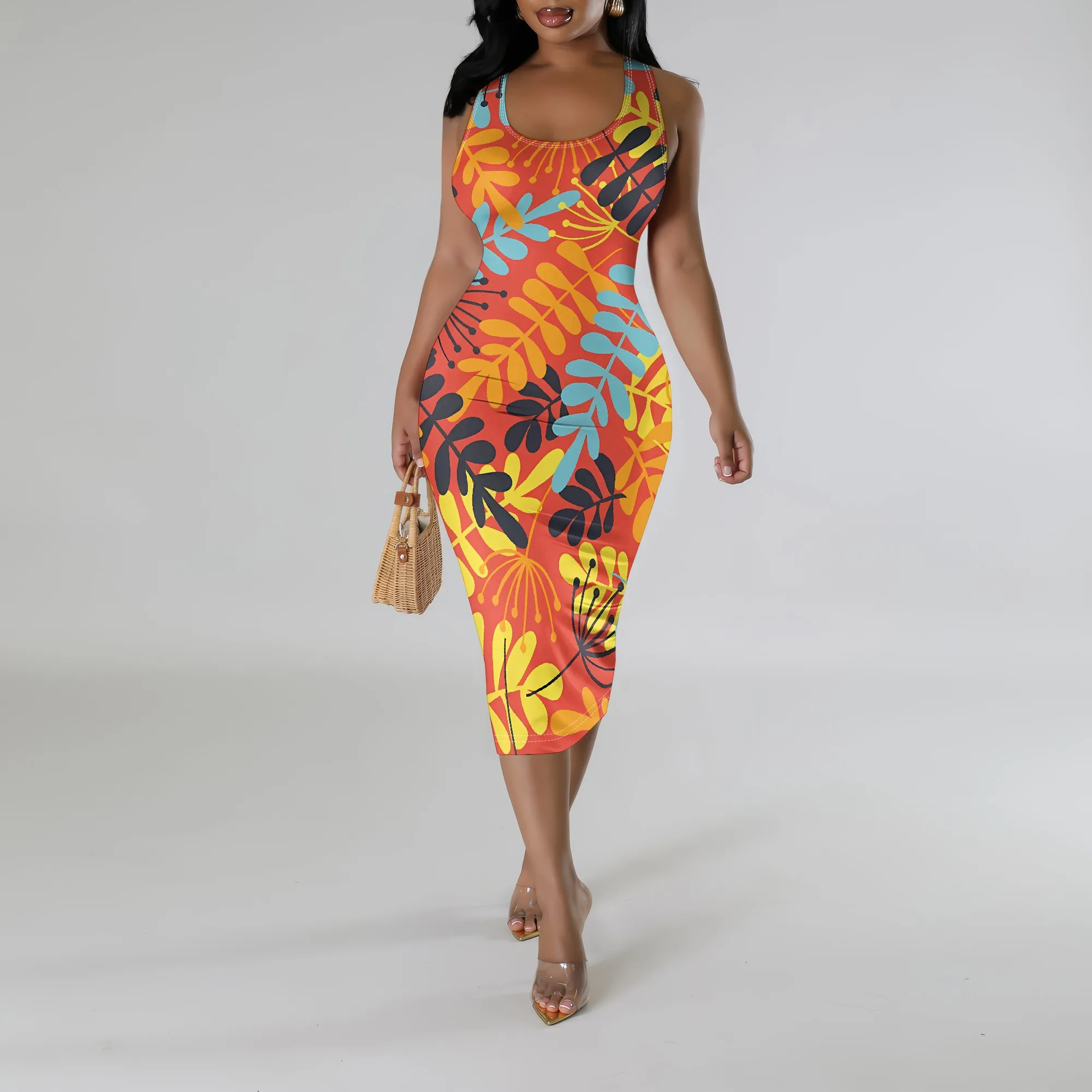 

Nupusa Women's Sleeveless Tropical Print Bodycon Midi Dress Colorful Slim Fit Summer Party Dress