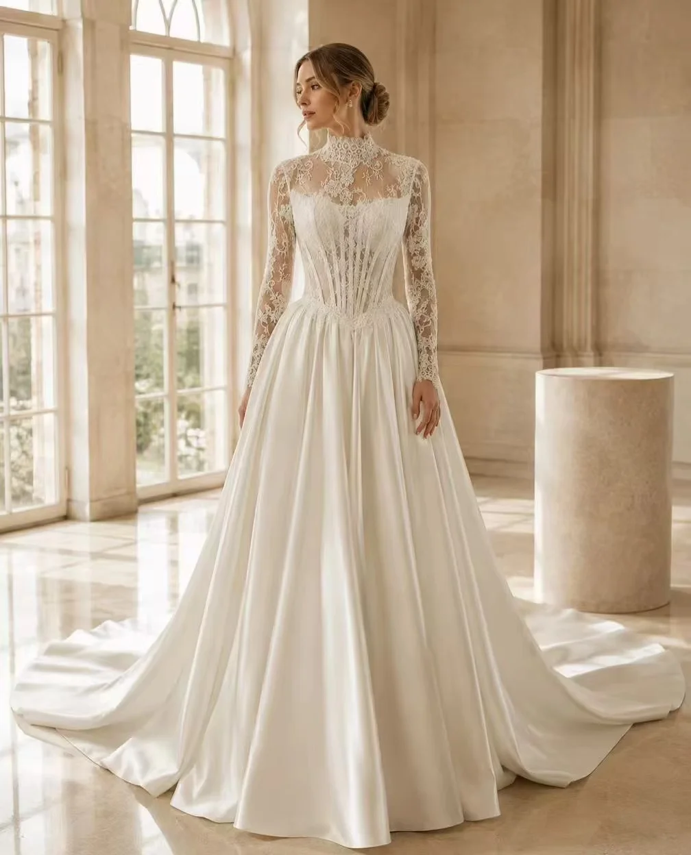 High neck long sleeve tulle wedding dress with delicate beaded bodice and flowing skirt. Custom size available. Perfect for musl