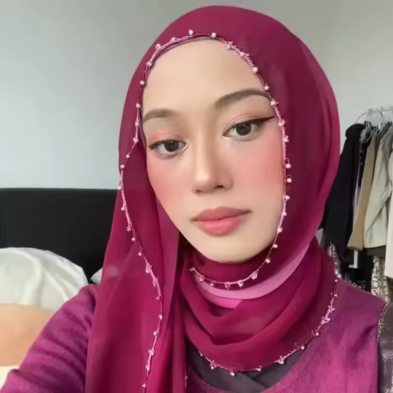 

Премиальный хиджаб для женщин, цепочка из бисера, длинный шифоновый шарф, платок, мусульманский тюрбан, шаль, банданы, Bufanda, платок, Turbante Mujer