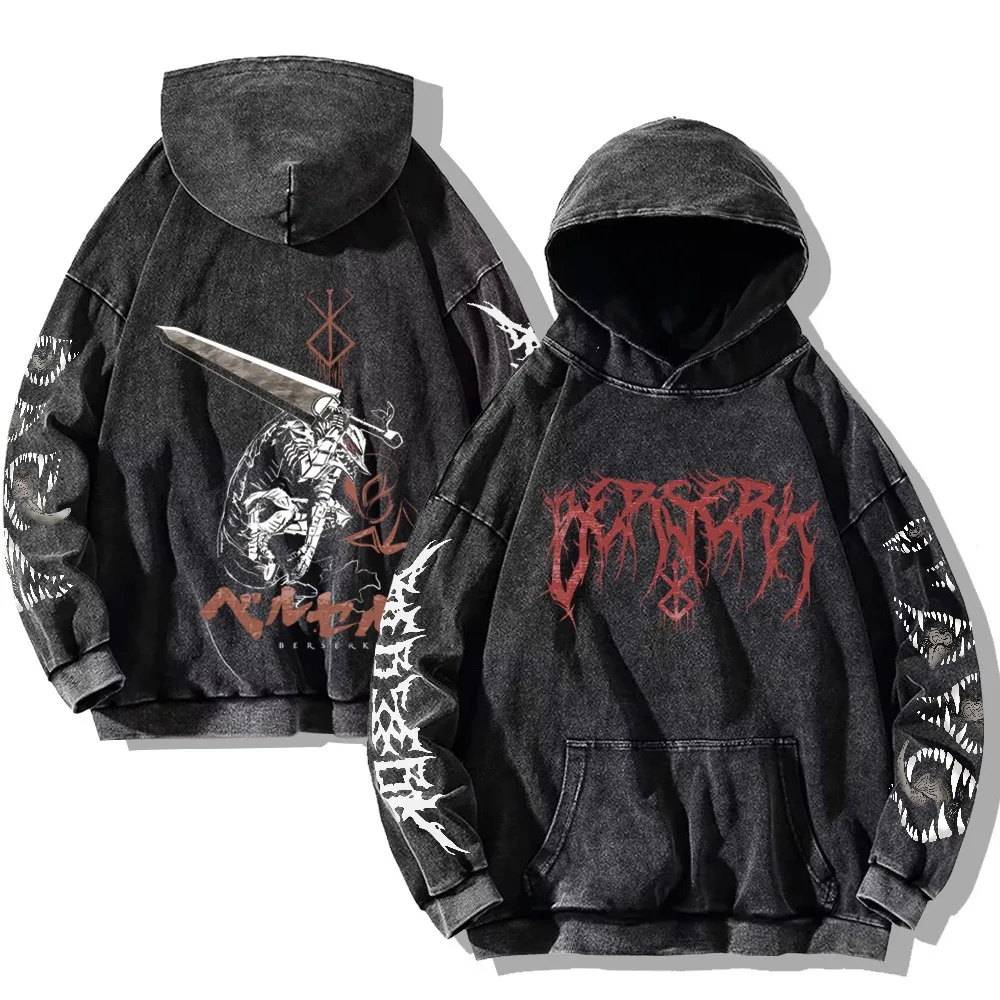 Berserk Anime Hoodies Vintage Acid Washed Hoodie Fashion Cotton Pullover Men Women Hip Hop Hooded Sweatshirts Oversized Clothes