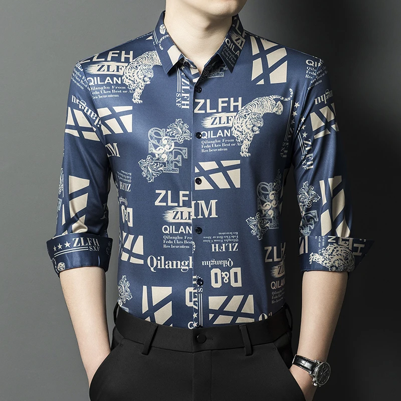 Camisas antiarrugas súper sedosas para hombre, camisas de manga larga con estampado a la moda de verano, camisas de hombre elásticas, cómodas, transpirables y de calidad